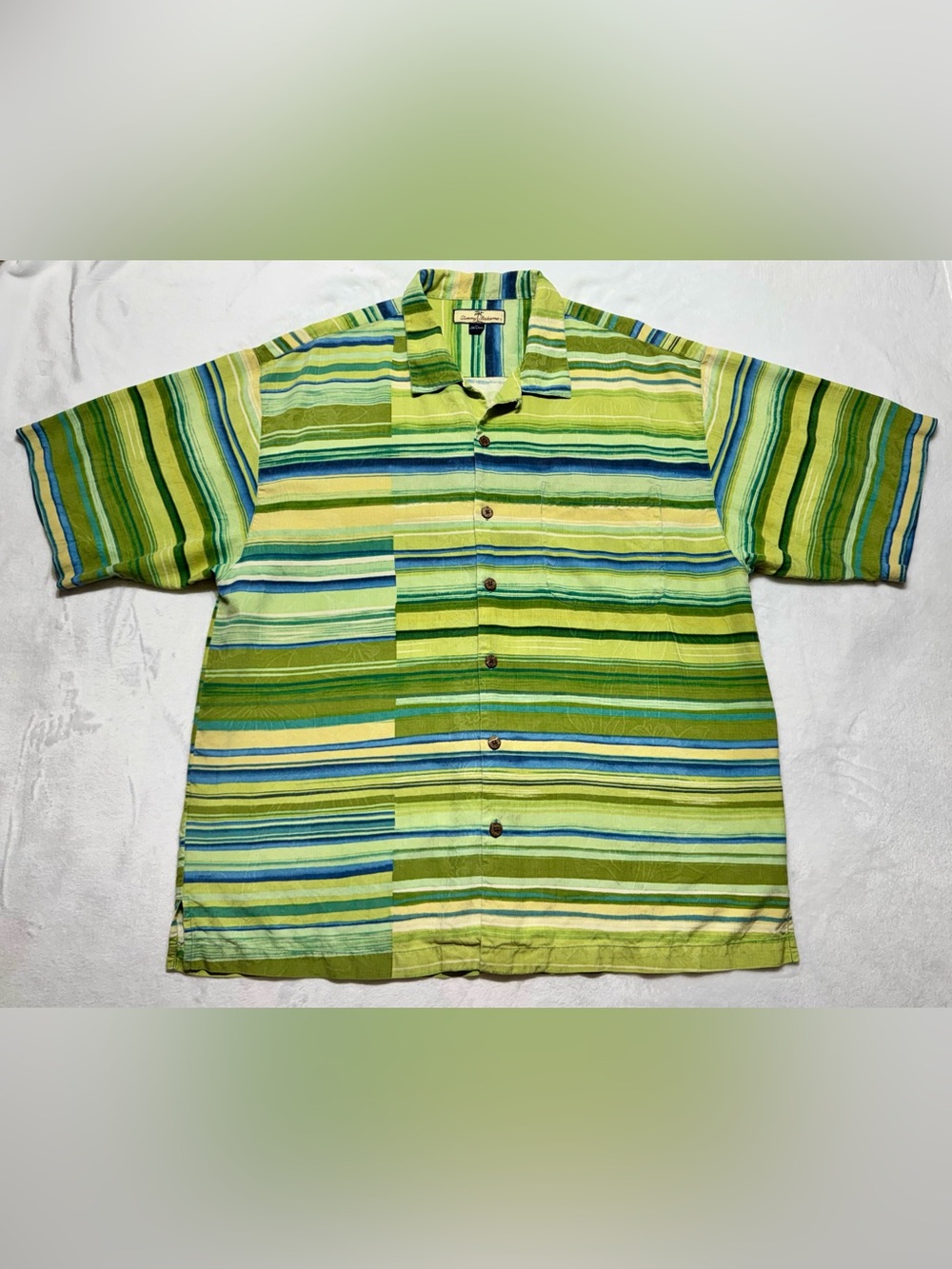 Tommy Bahama Green Blue Striped Silk Short Sleeve Button-Up Shirt